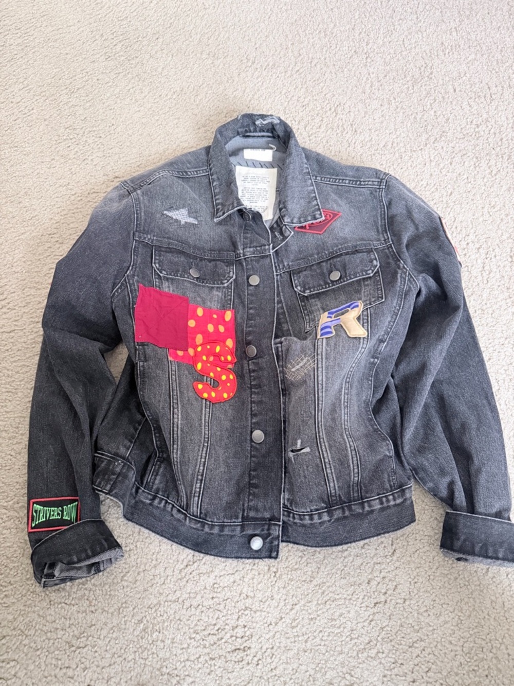 Men’s Black Denim Patch Jacket with Colorful Appliqués